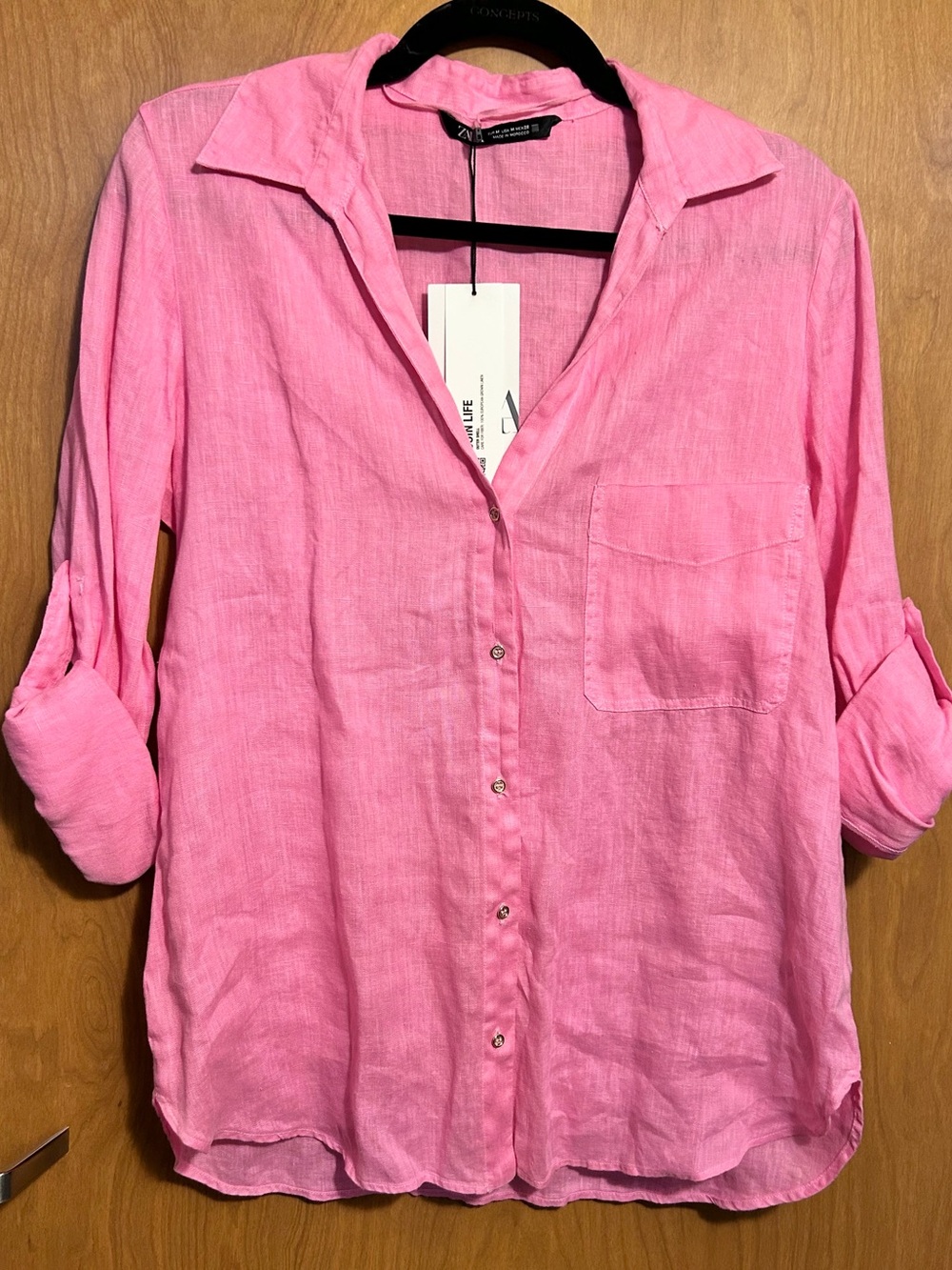 NWT Zara Linen Button Up Long Sleeve Shirt Pink - Size M
